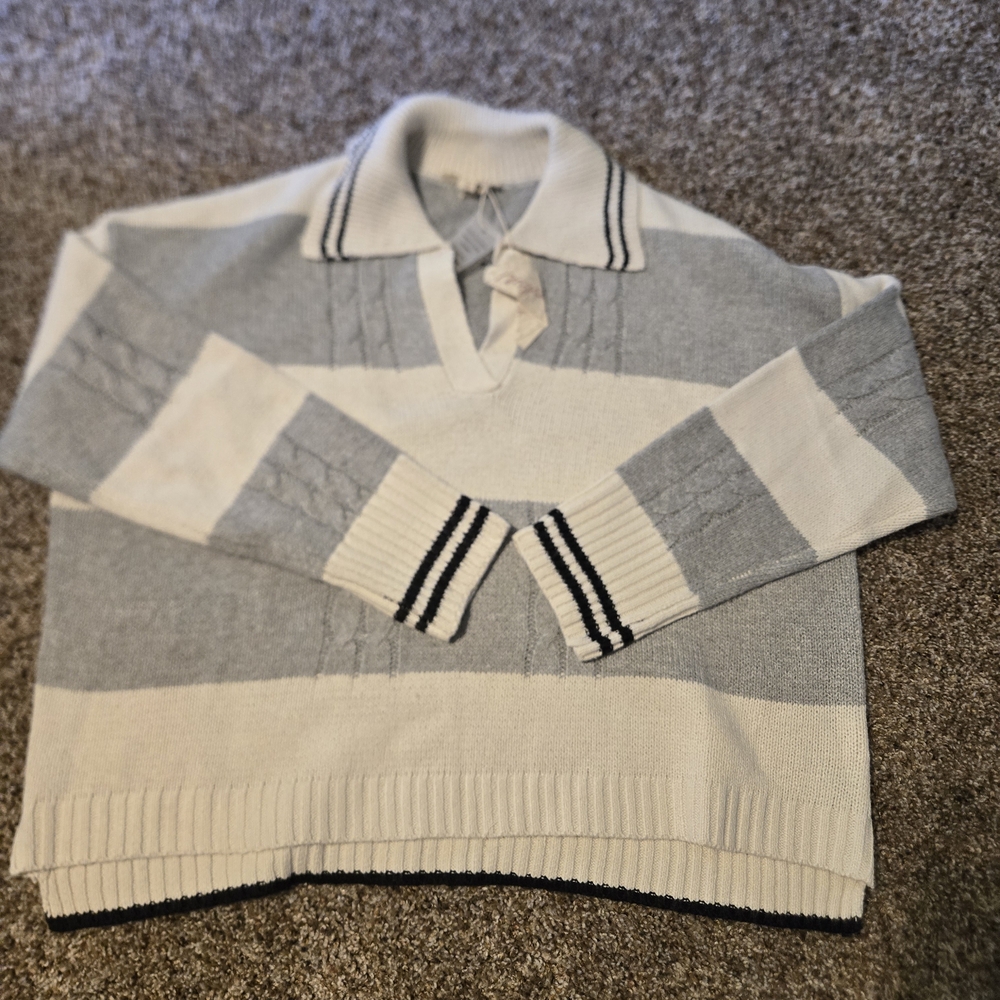 Mystic V-Neck Sweater with Light Blue and White Stripes